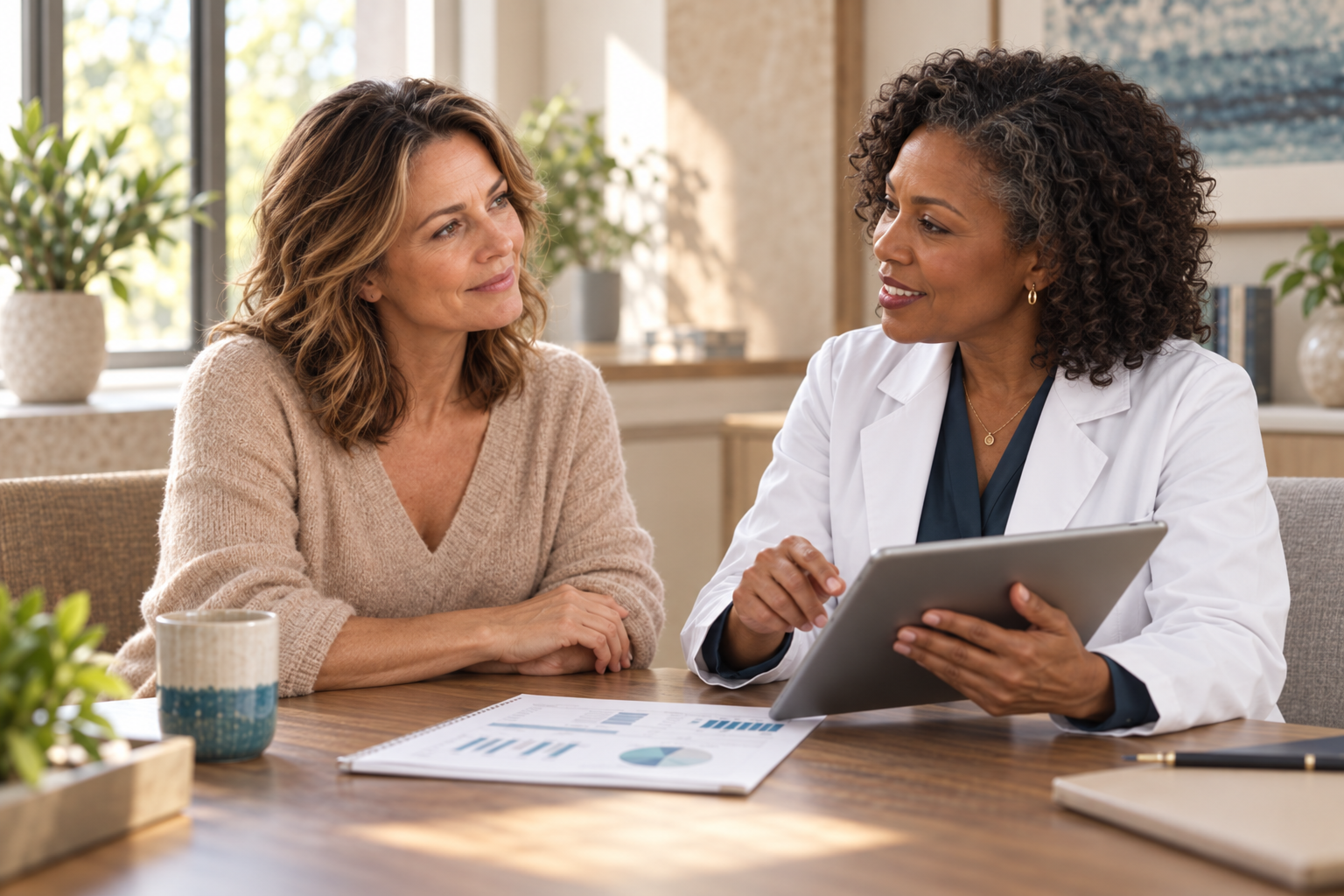A woman speaking with a Castle Rock Hormone Health provider about her comprehensive lab results