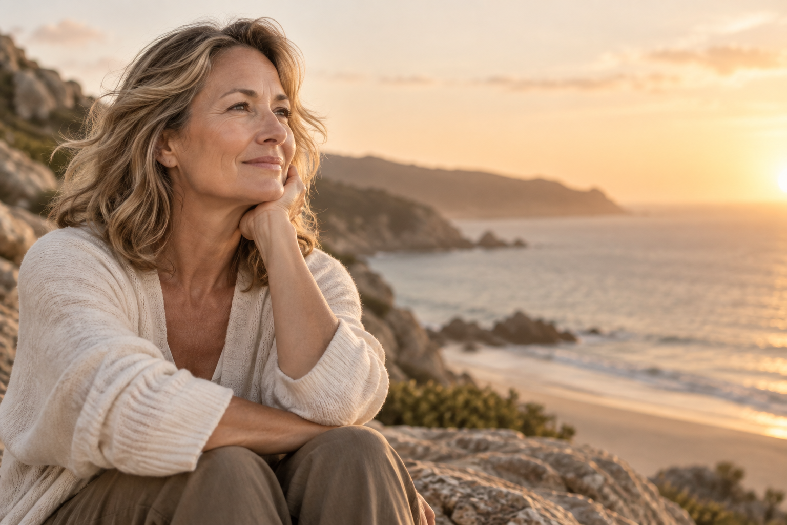 A woman looking toward the horizon with a hopeful expression